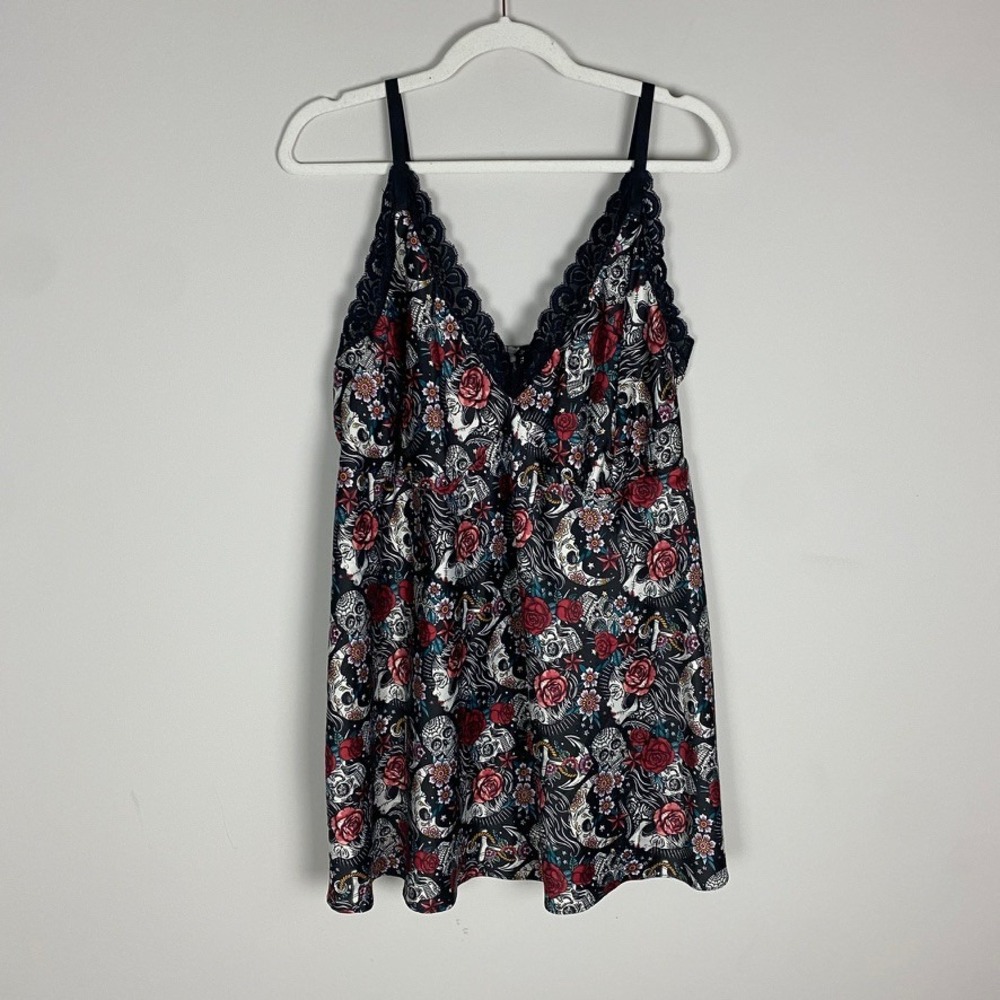 Torrid Satin Tattoo Print Babydoll Lingerie Chemise Sugar Skull Rose Nightgown